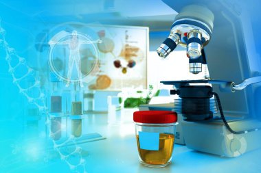 Parazitler ya da şekilsiz fosfatlar için idrar testi - modern biyoteknoloji araştırma tesisinde test tüpleri, tıbbi 3 boyutlu illüstrasyon