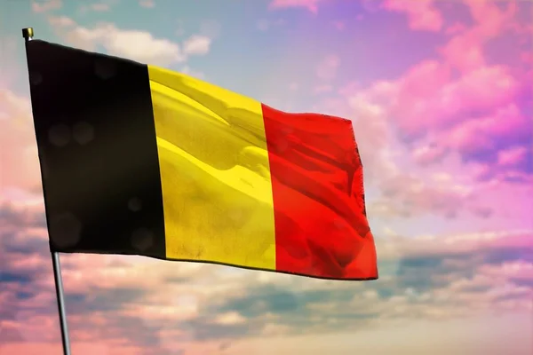 Flambant Drapeau Belgique Sur Fond Nuageux Ciel Coloré Belgique Concept — Photo