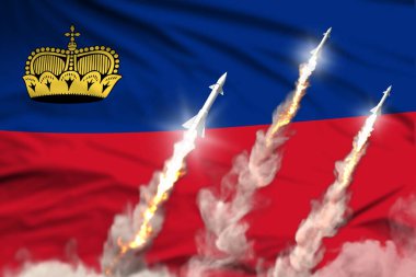 Lihtenştayn süpersonik savaş başlığı fırlatması - bayrak kumaşı arka planı üzerine modern stratejik nükleer silahlar kavramı, bayraklı askeri endüstriyel 3D illüstrasyon