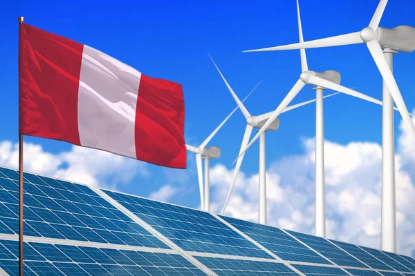 Peru solar and wind energy, renewable energy concept with windmills - renewable energy against global warming - industrial illustration, 3D illustration