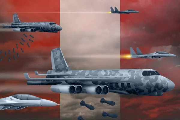 Perus Luftangriffskonzept Moderne Peruanische Kampfflugzeuge Bombardieren Vor Flaggenhintergrund Illustration — Stockfoto