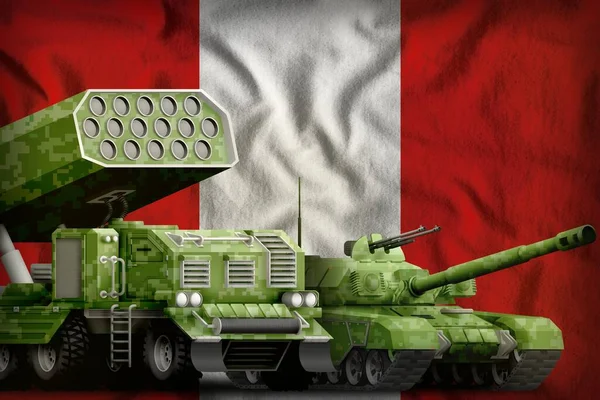 tank and rocket artillery with summer pixel camouflage on the Peru flag background. Peru heavy military armored vehicles concept. 3d Illustration