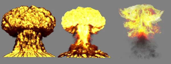 3 big very high detailed different phases mushroom cloud explosion of thermonuclear bomb with smoke and fire isolated on grey - 3D illustration of explosion