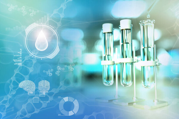 лабораторные пробирки в современном медицинском колледже - тестирование качества питьевой воды на фоне проектирования бактерий, медицинская 3D иллюстрация
