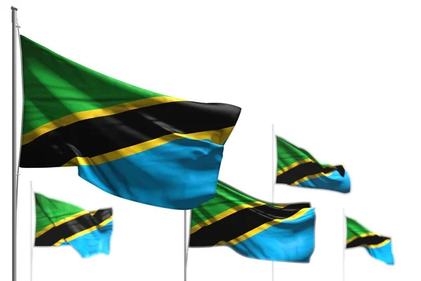 Красивые Пять Флагов Танзании Волна Изолированы Белом Изображение Мягким Фокусом — стоковое фото