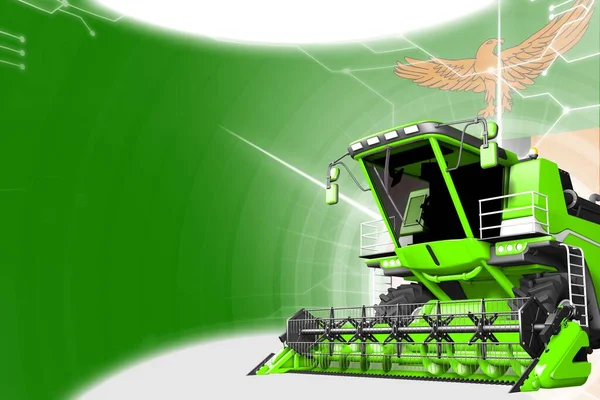 Agriculture innovation concept, green advanced rural combine harvester on Zambia flag - digital industrial 3D illustration