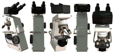 Beyaz arka planda izole edilmiş bir çok laboratuvar mikroskobu çizimi - nesnenin fotorealistik 3d çizimi, genetik keşif kavramı