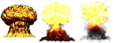 3 huge highly detailed different phases mushroom cloud explosion of fusion bomb with smoke and fire isolated on white - 3D illustration of explosion clipart