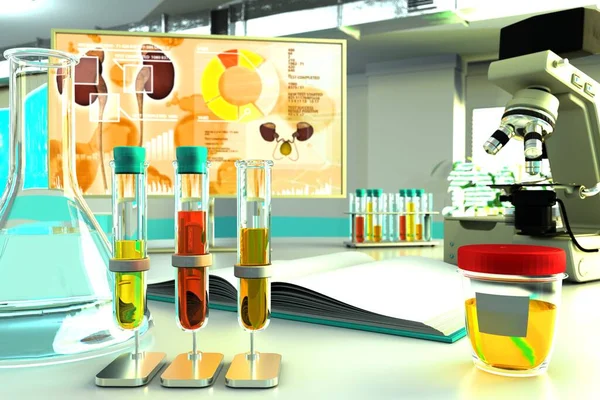 Urine sample test for nitrite or protein in urine proteinuria - laboratory test tubes in biochemistry facility, medical 3D illustration