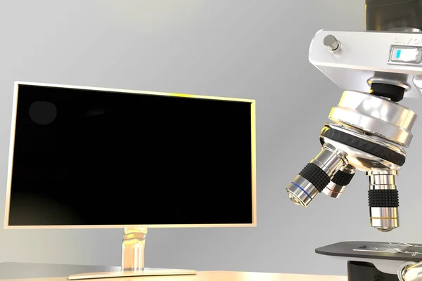 medical research concept, object 3D illustration -  lab hi-tech microscope and monitor with blank space for your content with flare on gradient background
