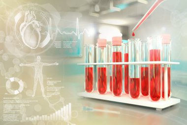 Kimya ofisinde test tüpleri - kreatinin veya fosfor için kan örneği testi, yaratıcı kaplamalı tıbbi 3D illüstrasyon