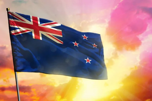 Ondeando Bandera Nueva Zelanda Sobre Hermoso Colorido Fondo Atardecer Amanecer — Foto de Stock