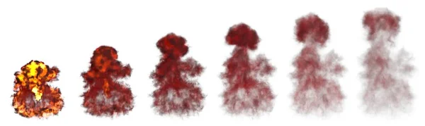 许多在白色背景下被大火和火焰隔离的大爆炸蘑菇云的图像 物体的三维图解 — 图库照片
