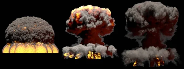 3 large different phases fire mushroom cloud explosion of super bomb with smoke and flames isolated on black background - 3D illustration of explosion