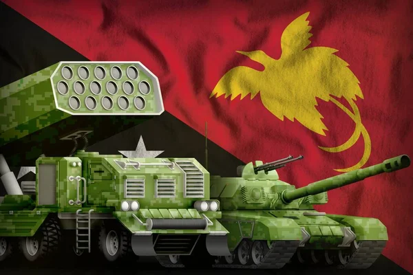 tank and rocket artillery with summer pixel camouflage on the Papua New Guinea flag background. Papua New Guinea heavy military armored vehicles concept. 3d Illustration