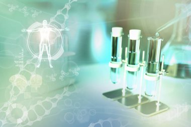 Virüsler için içme suyu kalitesi testi (covid-2019 gibi) kavramı - modern tıbbi araştırma ofisinde laboratuvar test tüpleri, tıbbi 3D illüstrasyon