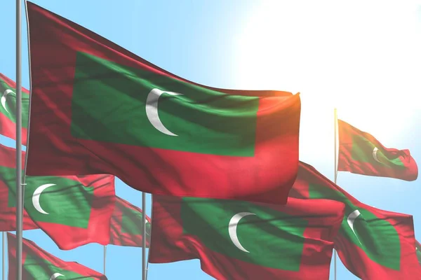 nice many Maldives flags are wave on blue sky background - any celebration flag 3d illustration
