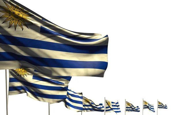 Θαυμάσιες Πολλές Σημαίες Της Ουρουγουάης Τοποθετούνται Διαγώνια Απομονώνονται Λευκό Χώρο — Φωτογραφία Αρχείου