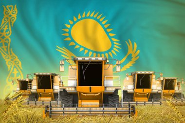 Bir çok sarı tarımın endüstriyel 3D illüstrasyonu kırsal alandaki hasatçıları Kazakistan bayrağıyla birleştirdi.