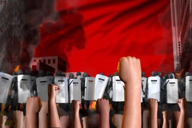 Belarus 'ta protesto - polis SWAT durağı bayrak arka planında protesto kalabalığı, isyan durdurma konsepti, askeri 3D illüstrasyon