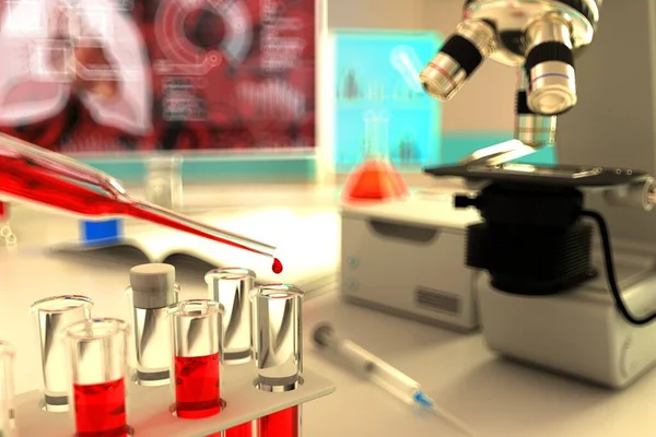 医学3Dイラスト 大学施設内の実験室の証拠バイアル ウイルスの血液分析 Covid 19のような — ストック写真