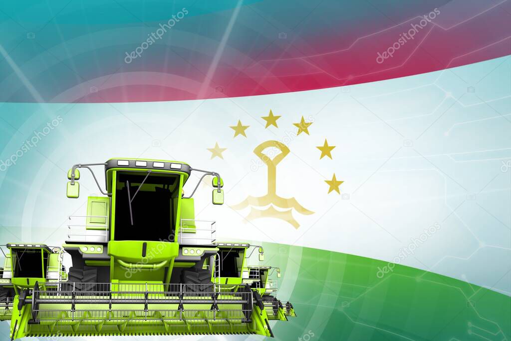 Digital industrial 3D illustration of 3 green modern wheat combine harvesters on Tajikistan flag, farming equipment modernisation concept