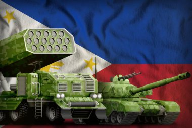 Filipinler bayrak arka planında yaz pikseli kamuflajı olan tank ve roket topçuları. Filipinler ağır zırhlı araçlar konsepti. 3d Görüntü