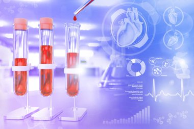 Biyoteknoloji tesisinde test tüpleri - bilirubin veya kolesterol için kan geni testi, yaratıcı gradyan örtülü tıbbi 3D illüstrasyon