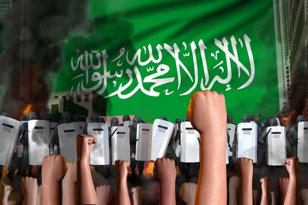 Suudi Arabistan Protesto Polis Memurları Bayrak Arka Planında Protesto Kalabalığına — Stok fotoğraf