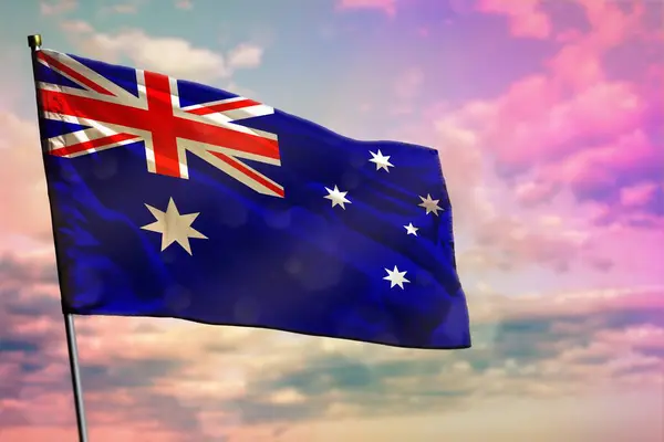 Flambant Drapeau Australie Sur Fond Nuageux Ciel Coloré Australie Concept — Photo