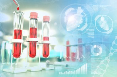 Tıbbi 3D illüstrasyon, üniversite kliniğinde test tüpleri - covid-2019 için kan örneği DNA testi veya yaratıcı kaplamalı lupus