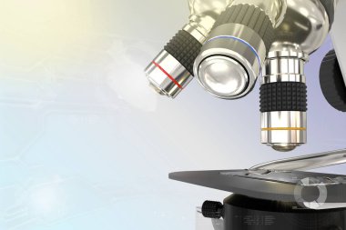 Tıbbi çalışma konsepti, renkli arka plan üzerine laboratuvar yüksek teknolojili bilimsel mikroskop - tıbbi 3D illüstrasyon
