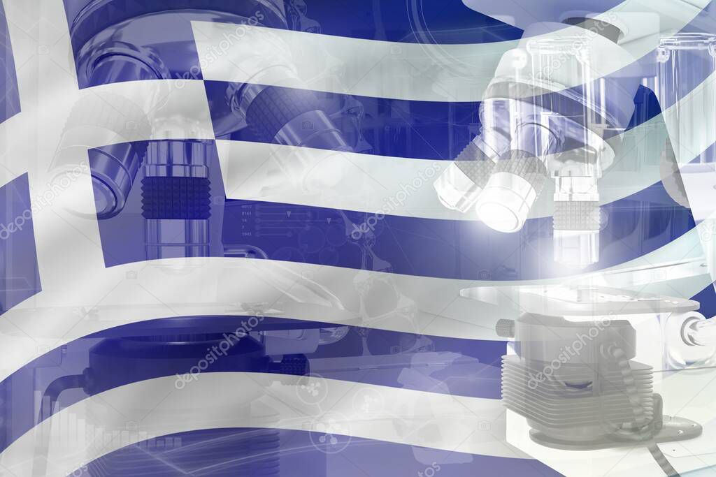 Greece science development conceptual background - microscope on flag. Research in physics or genetics, 3D illustration of object