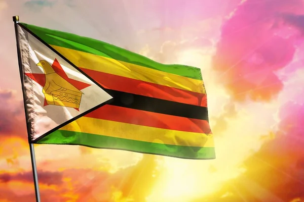 Fluttering Zimbabwe Flag Beautiful Colful Sunset Sunrise Background Zimbabué Conceito — Fotografia de Stock