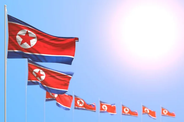 Beautiful Many North Korea Flags Placed Diagonal Selective Focus Empty — Stock Photo, Image