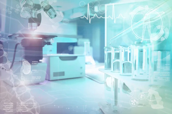 科学的研究の背景 概念医学の3Dイラスト オフィスでのテスト管と顕微鏡 — ストック写真