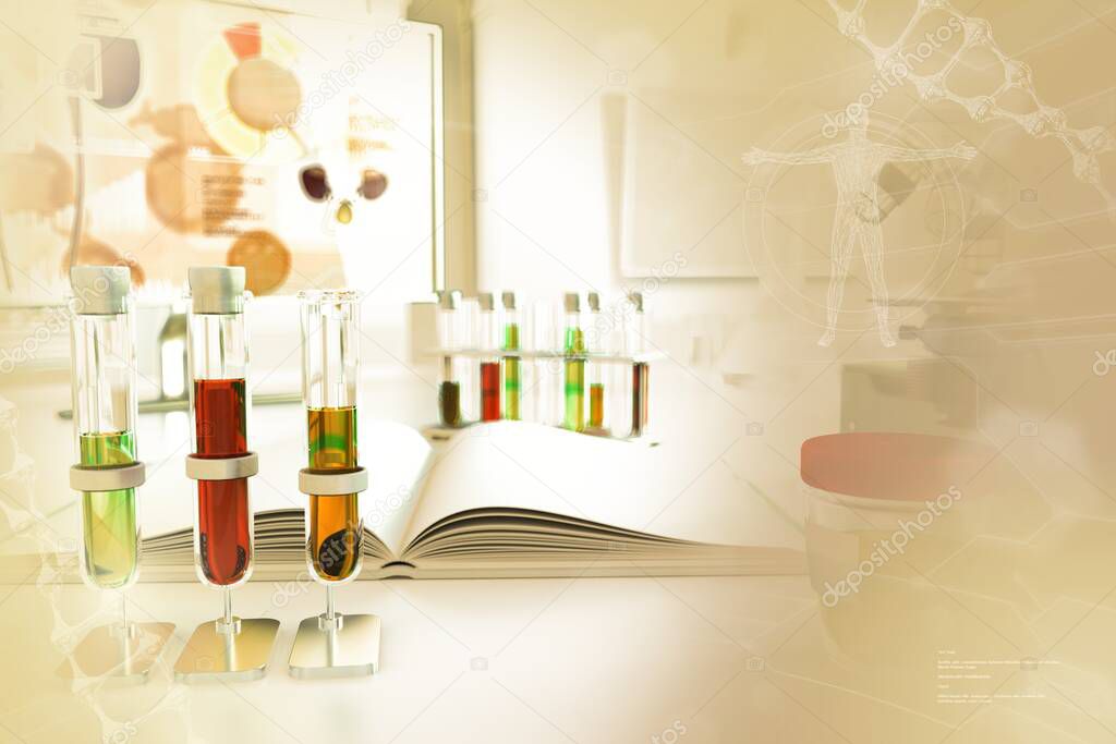 proofs in modern pharmaceutical university facility - urine quality test for glucose or amorphous phosphates, medical 3D illustration