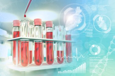 Biyoloji kliniğinde test tüpleri - bilirubin veya trigliserit için kan DNA testi, yaratıcı kaplamalı tıbbi 3D illüstrasyon