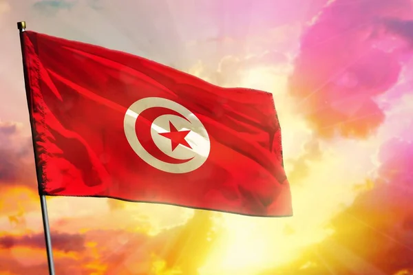 Fluttering Tunísia Bandeira Belo Pôr Sol Colorido Fundo Nascer Sol — Fotografia de Stock