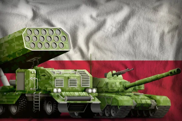 tank and rocket artillery with summer pixel camouflage on the Poland flag background. Poland heavy military armored vehicles concept. 3d Illustration