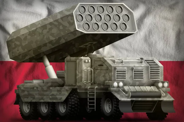 火箭炮 波兰国旗背景上灰色伪装的导弹发射器 3D说明 — 图库照片