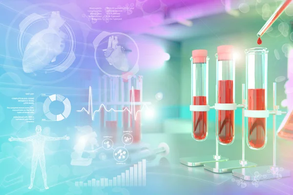 医療用3Dイラスト 研究施設での証拠バイアル 創造的なグラデーションオーバーレイと塩化物やカリウムの血液サンプルDnaテスト — ストック写真