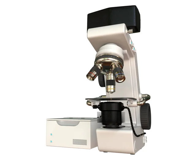 Εργαστήριο Μικροσκόπιο Και Cpu Μπλοκ Φανταστικό Σχεδιασμό Που Απομονώνονται Λευκό — Φωτογραφία Αρχείου