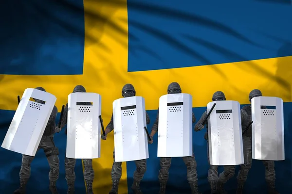 Sweden police officers protecting law against mutiny - protest stopping concept, military 3D Illustration on flag background