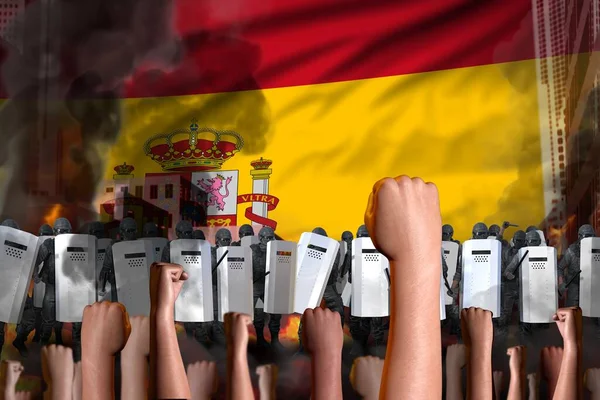 スペインでの抗議 旗の背景に怒っている群衆に対する警察の汗スタンド 反乱戦闘コンセプト 軍事3Dイラスト — ストック写真