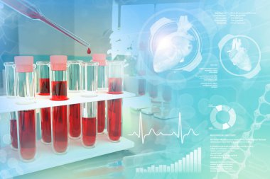 Tıbbi 3D illüstrasyon, çalışma odasındaki test tüpleri şişeleri - kırmızı kan hücreleri için kan örneği testi veya yaratıcı kaplamalı sodyum