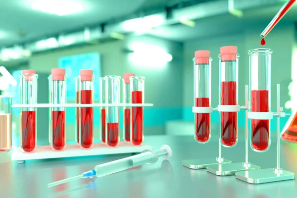 研究室での証明 ウイルスのための血液遺伝子検査 例えばCovid 2019 ソフトフォーカスの医療用3Dイラスト — ストック写真