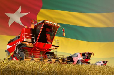 Togo bayrağı geçmişi ve gıda üretim konsepti ile tahıl tarlasında çalışan tarımsal biçerdöverlerin endüstriyel 3D çizimi