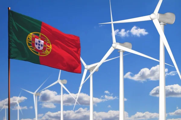 Πορτογαλία Εναλλακτική Ενέργεια Αιολική Ενέργεια Βιομηχανική Έννοια Ανεμόμυλους Και Σημαία — Φωτογραφία Αρχείου