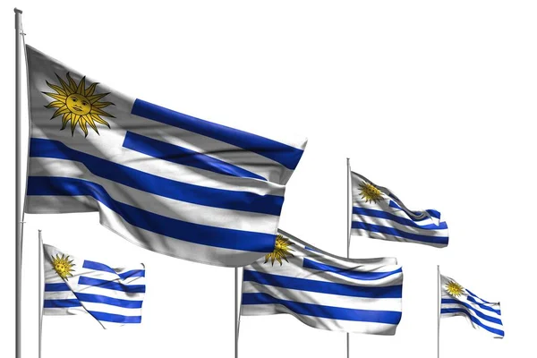 Niedliche Fünf Flaggen Uruguays Wehen Vereinzelt Auf Weiß Jede Urlaubsfahne — Stockfoto